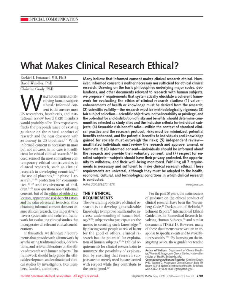 Sesion 1 5 emanuel et al what makes clinical research ethical pdf