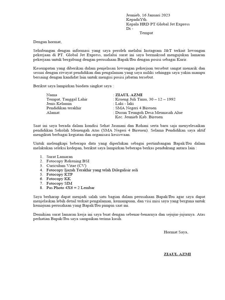 Surat Keterangan Lamaran Kerja PT. J&T | PDF
