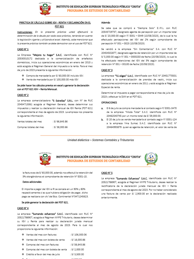 Práctica de Cálculo IGV y Renta PDT 621 | PDF | Contabilidad | Factura