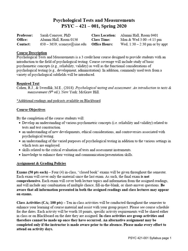 PSYC 421: Tests and Measurements Syllabus | PDF | Psychological Testing ...
