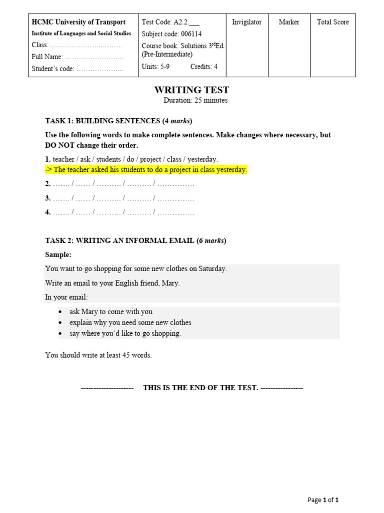 A2 2 writing test format 5 pdf