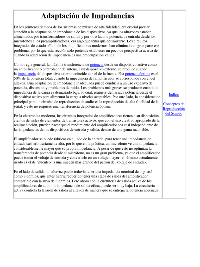 Adaptación de Impedancias PDF Altoparlante Energia electrica