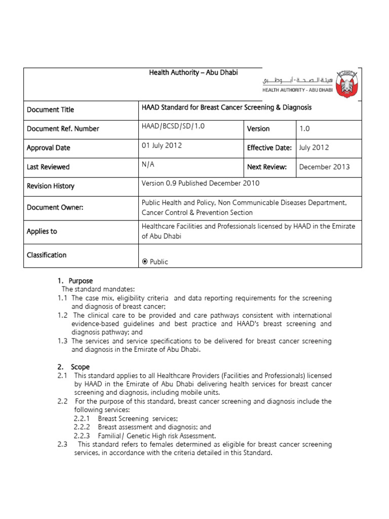 DOH Standards For Breast Cancer Screening PDF Mammography Breast Cancer