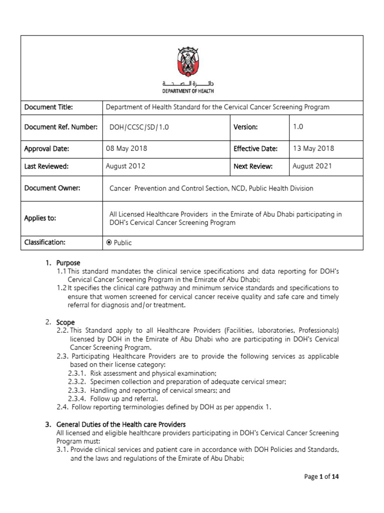 Cervical Cancer Screening DOH Standard May 2018 PDF Cytopathology Cervical Cancer