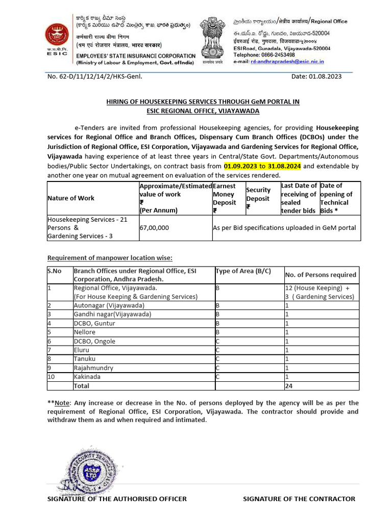 Hiring of Housekeeping Services Through Gem Portal in Esic Regional