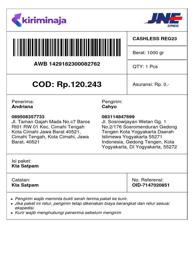 Pengiriman Paket COD dan Resi AWB | PDF