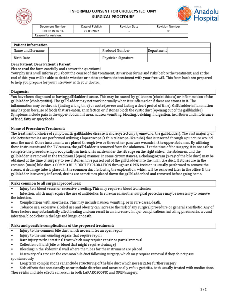Cholecystectomy Form | PDF | Gallbladder | Medical Specialties