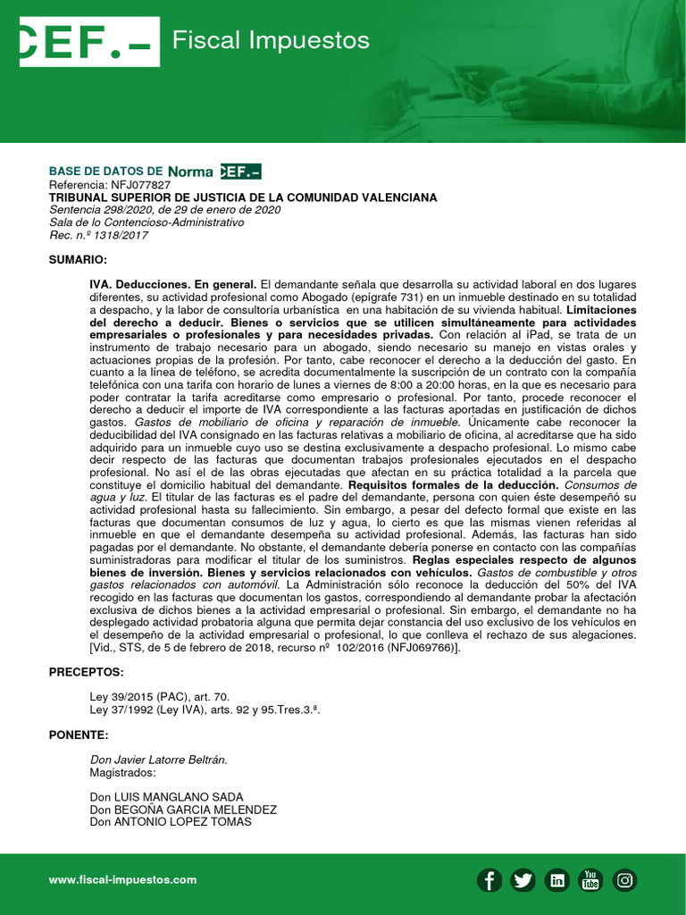 Deducción de IVA en Actividades Profesionales | PDF | Sentencia (ley ...