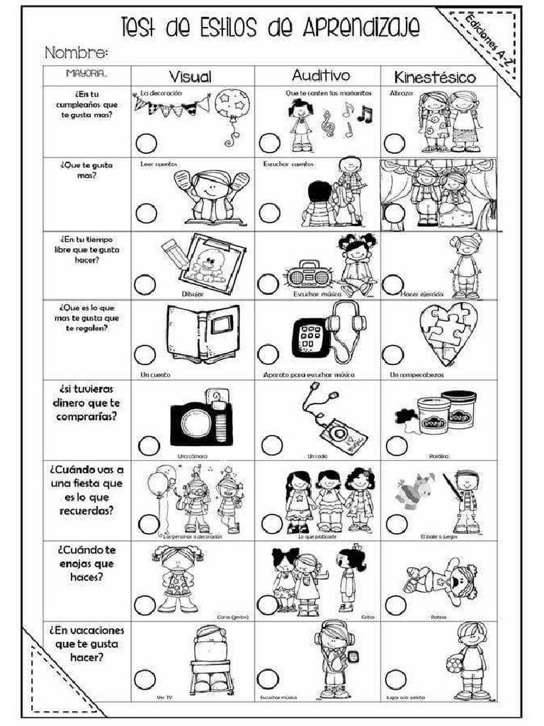 Test Estilos de Aprendizajes 2 Blanco y Negro Dibujos | PDF