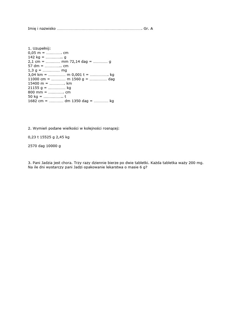 Klas wka klasa 5 zamiana jednostek pdf