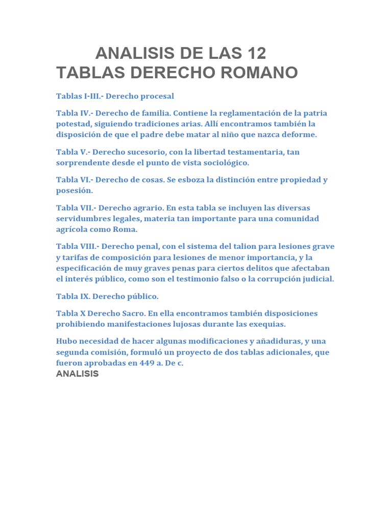 Analisis de Las 12 Tablas Derecho Romano PDF Propiedad Castigos