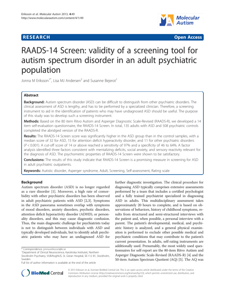Article RAADS 14 Screen | PDF | Autism Spectrum | Mental Health