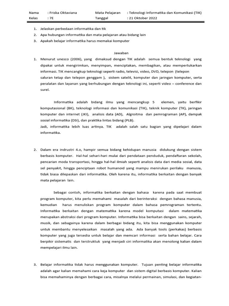 Perbedaan Informatika dan TIK | PDF