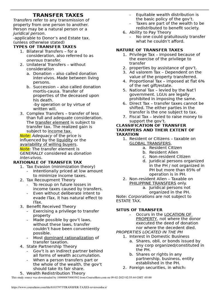Overview of Transfer Taxes in the Philippines | PDF | Taxes | Donation