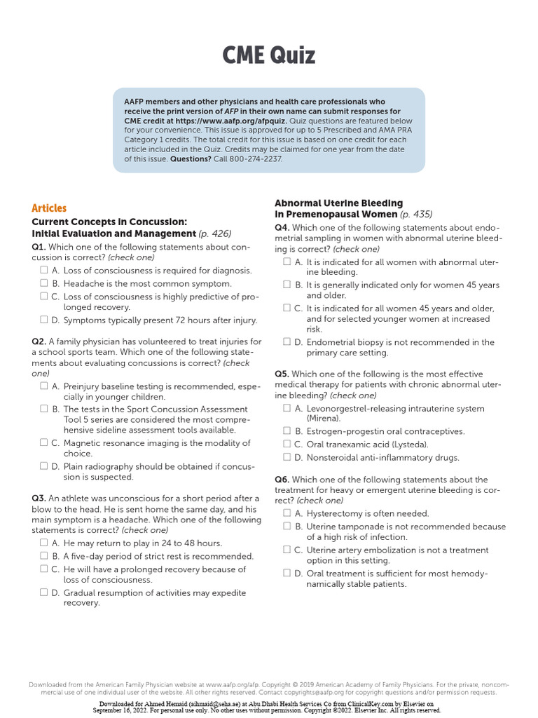 CME Quiz 2019 April Issue 7 | PDF | Traumatic Brain Injury | Concussion