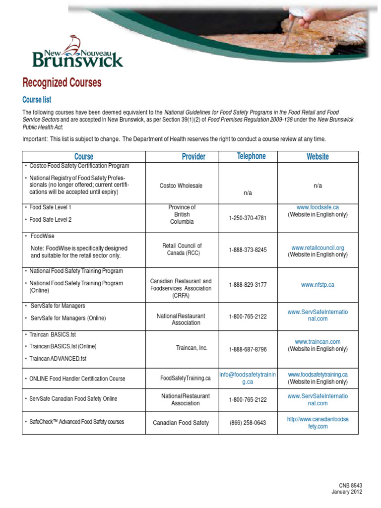 Food Handler Recognized Courses PDF Food Safety Food And Drink