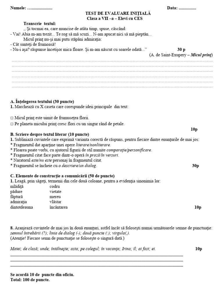 Test de Evaluare Initiala Ces | PDF