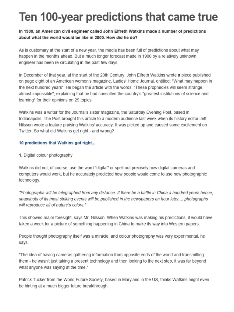 Ten 100Year Predictions That Came True PDF Greenhouse Telephone