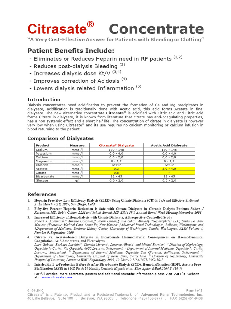 Citrasate 2 | Download Free PDF | Hemodialysis | Medical Treatments