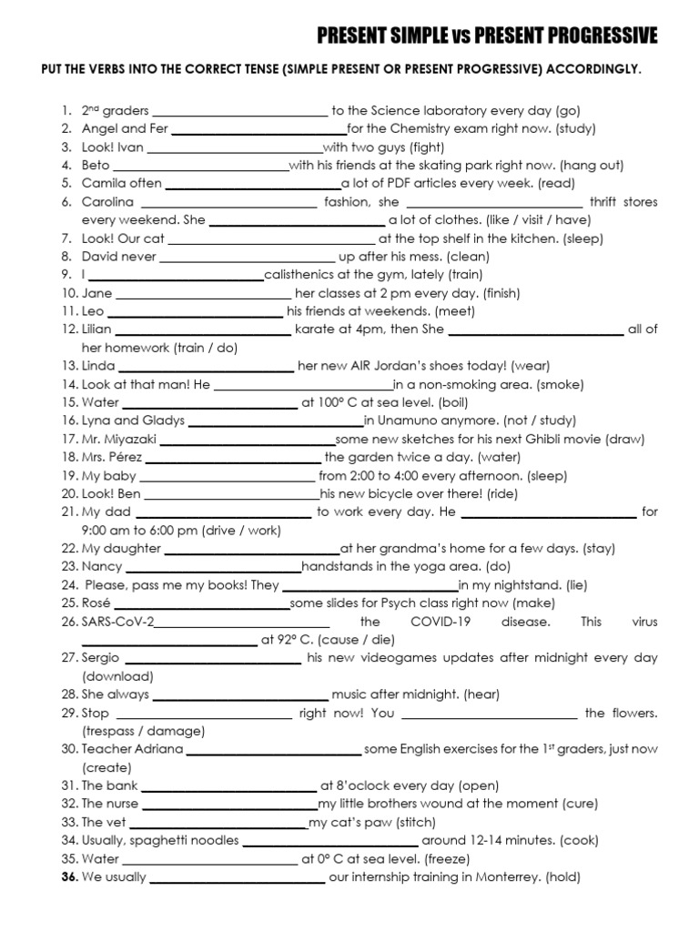 Present Simple vs Progressive Exercises | PDF | Linguistics