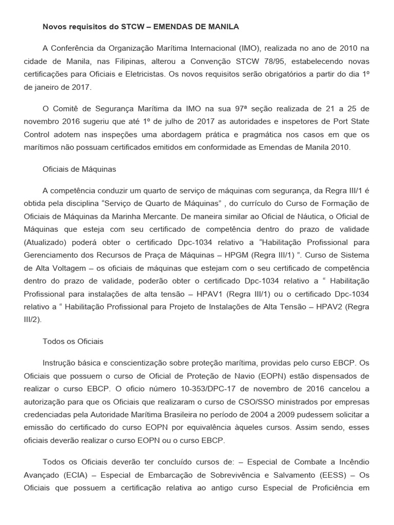 Novos Requisitos Do STCW | PDF | Marinha Mercante | Marinheiro
