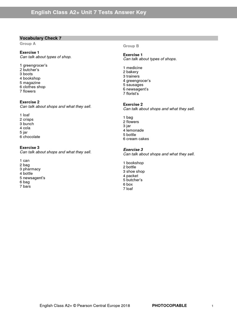 A2+ Unit 7 Tests Answer Key | PDF