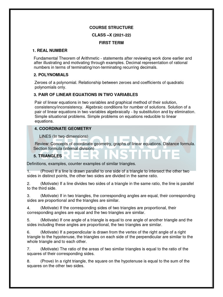 Class 10 Maths Syllabus Overview | PDF