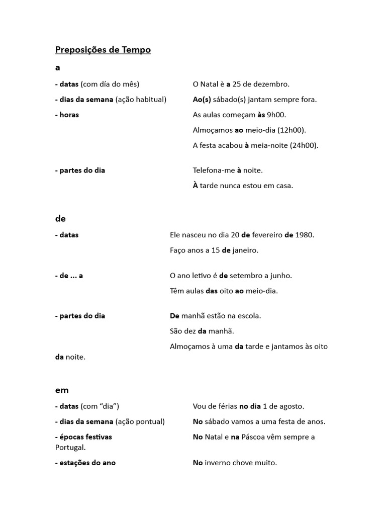 Preposições de Tempo em Português | PDF