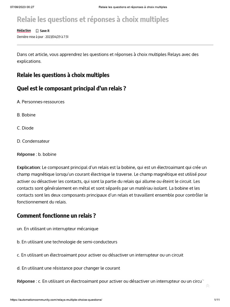 Questions à Choix Multiples sur les Relais | PDF | Relais ...