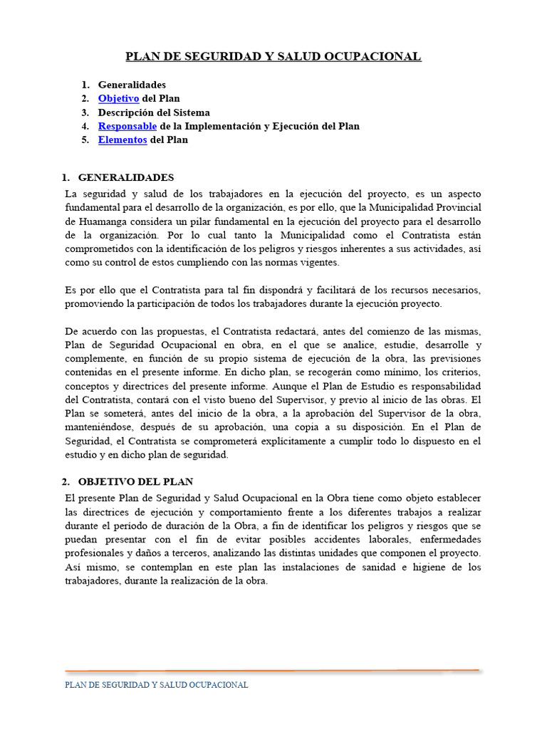 Plan de Seguridad y Salud Ocupacional | PDF | Seguridad y salud ...