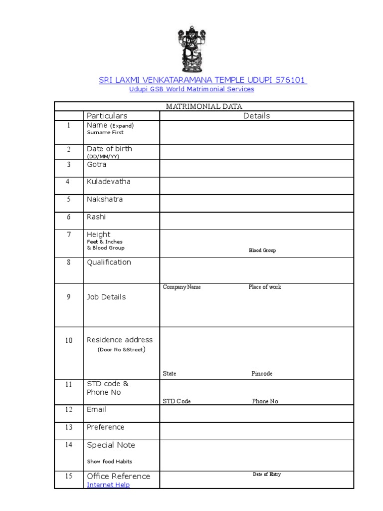 Udupi GSB Matrimonial Services Form | PDF
