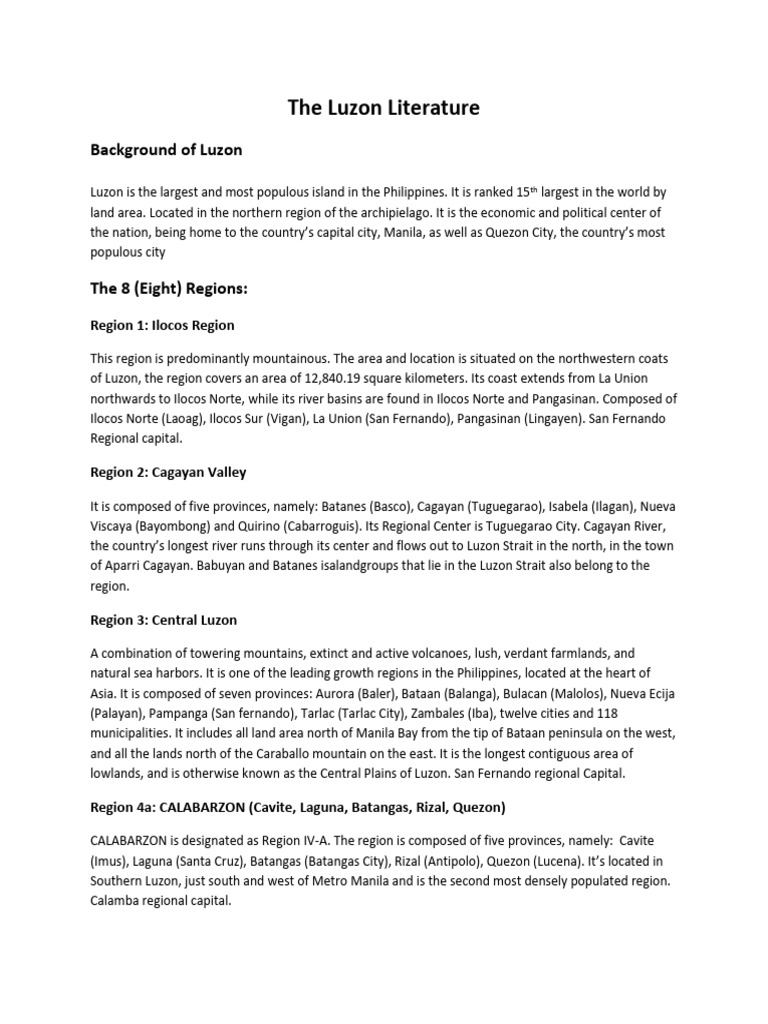 Literature In Luzon Region 12345ncrcar Pdf Luzon Metro Manila