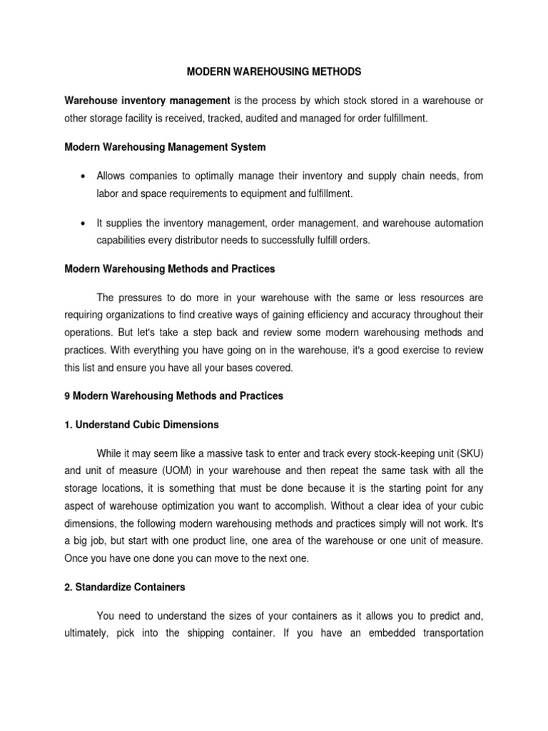 MODERN WAREHOUSING METHODS Comprehensive Report | PDF
