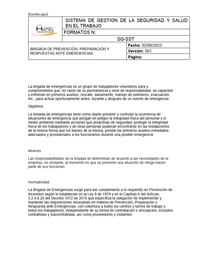 Brigada de Emergencias: Seguridad Laboral | PDF | Valores | Primeros ...