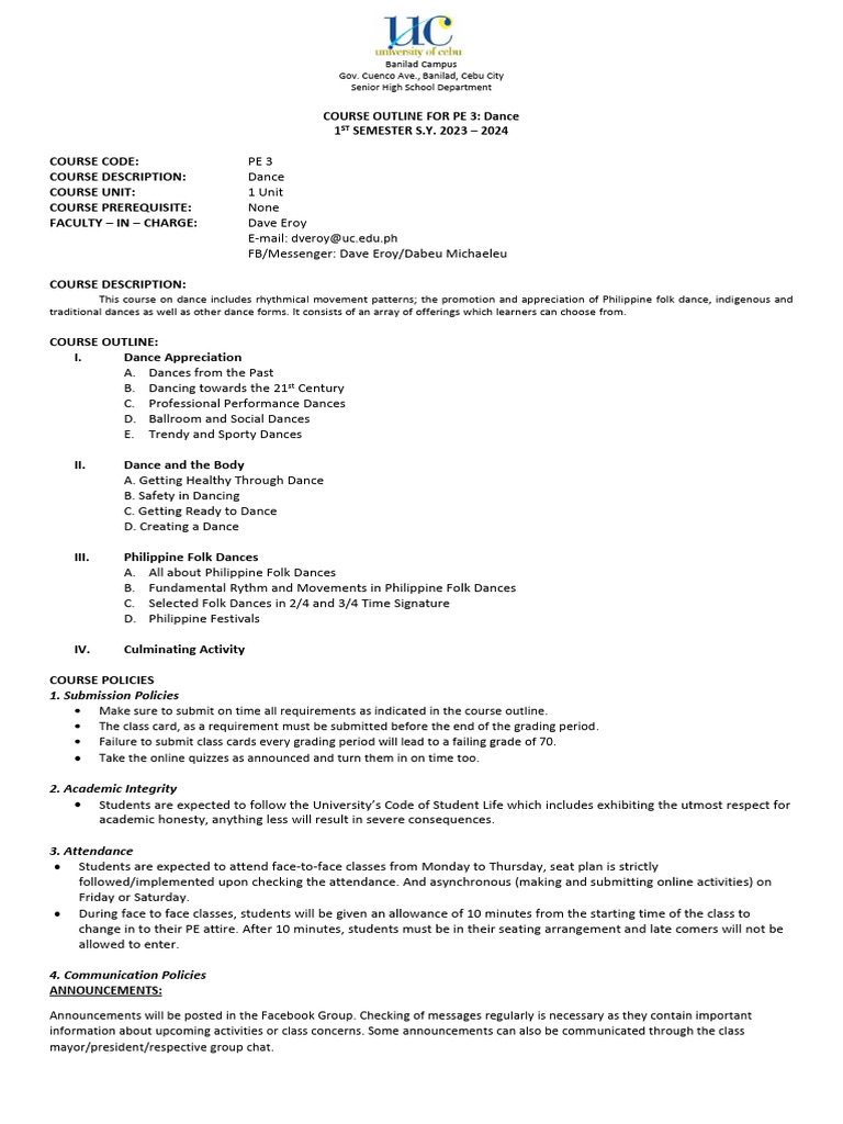 PE 3 Dance Course Outline 2023-2024 | PDF | Dances | Learning
