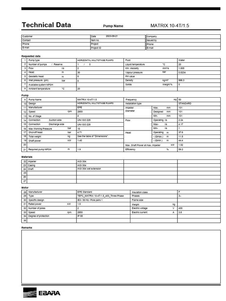 Data - Sheet - MATRIX - 10-4T - 1.5 - DWS + FWS SYSTEM | PDF | Pump ...