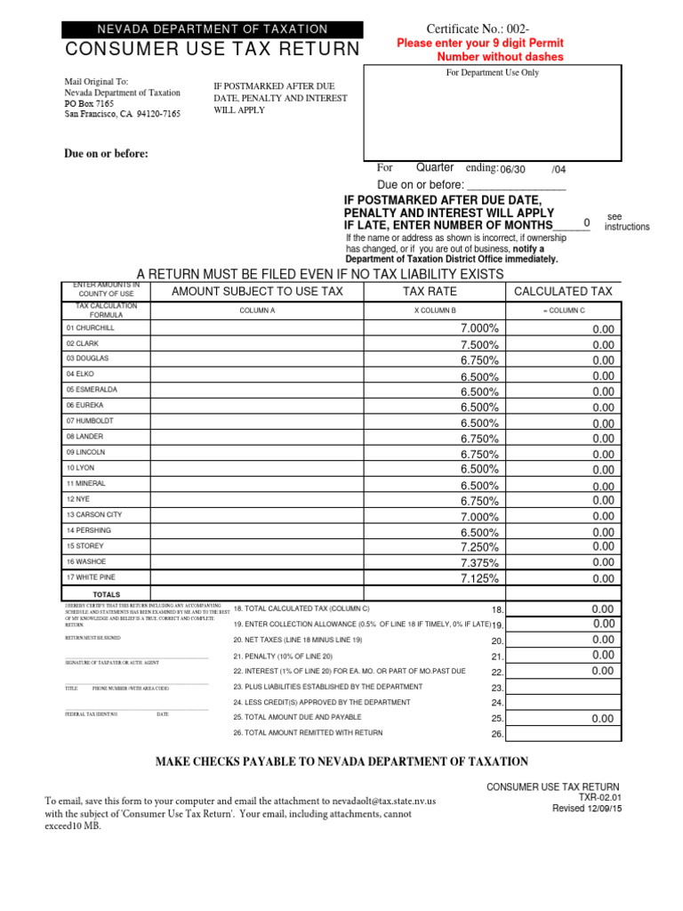 Consumer Use Tax Return Nevada PDF Use Tax Taxes