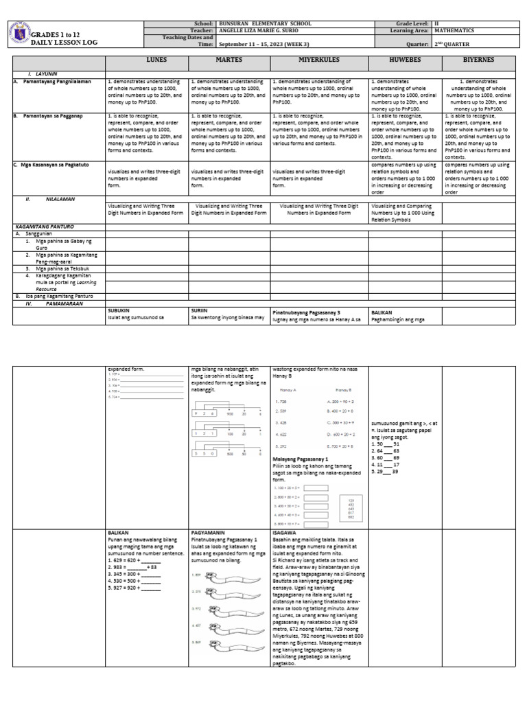 DLL Mathematics-1 Q1 W3 | PDF