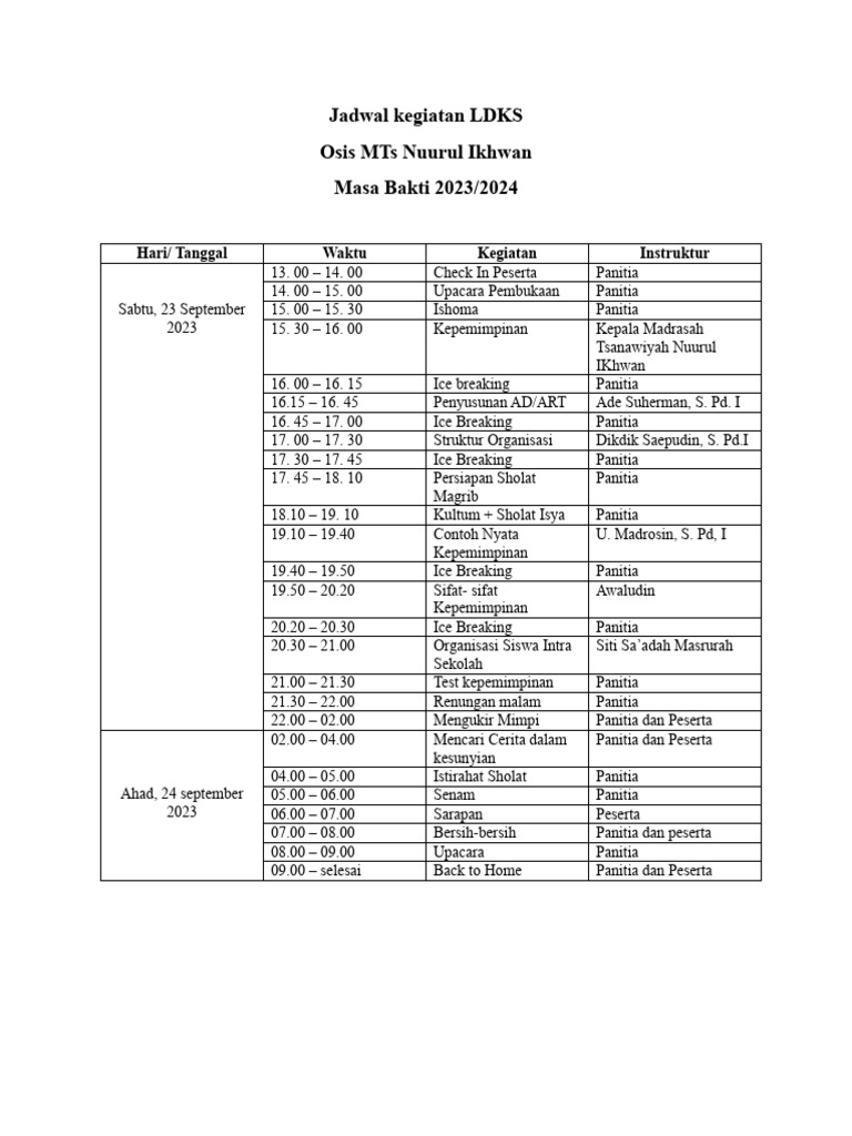 Jadwal Kegiatan LDKS Fiks | PDF