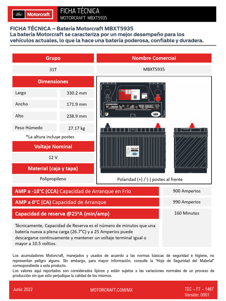 Batería Motorcraft MBXT5935: Ficha Técnica | PDF