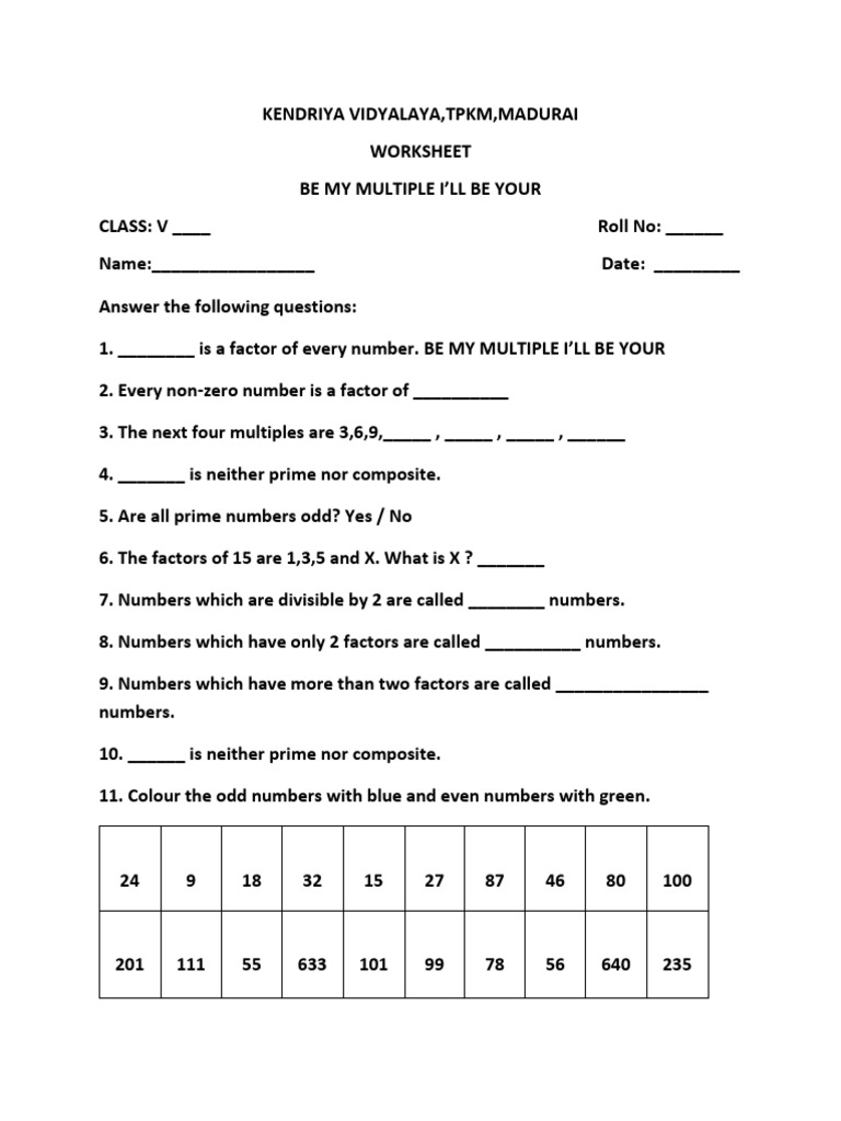 Class V Math Worksheet on Factors and Multiples | PDF