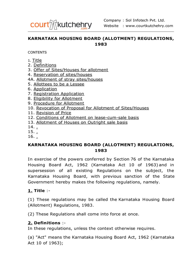 Karnataka Housing Board (Allotment) Regulations, 1983 PDF