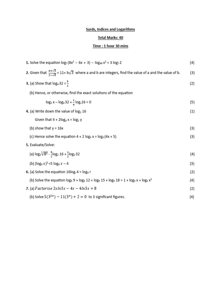 Surds indices and logarithms pdf