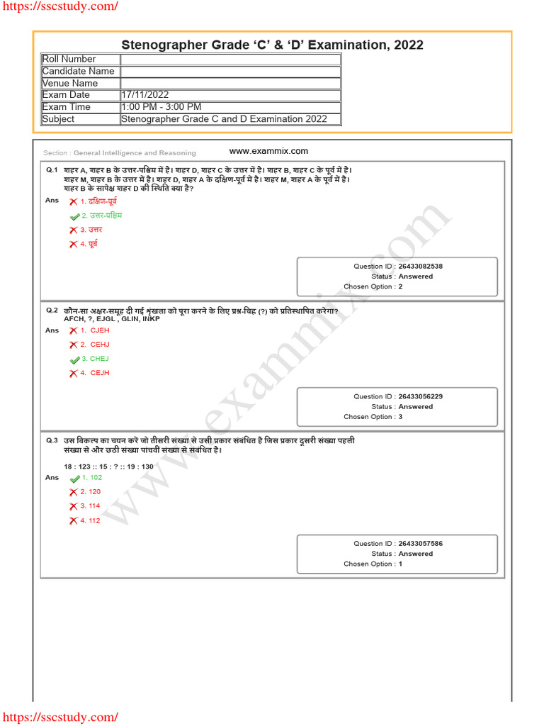 SSC Stenographer Question Paper 17 November 2022 2nd Shift in Hindi PDF