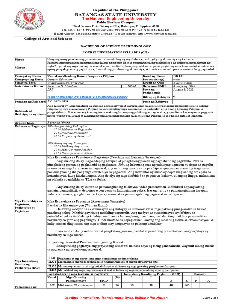 Batangas State University: Republic of The Philippines | PDF