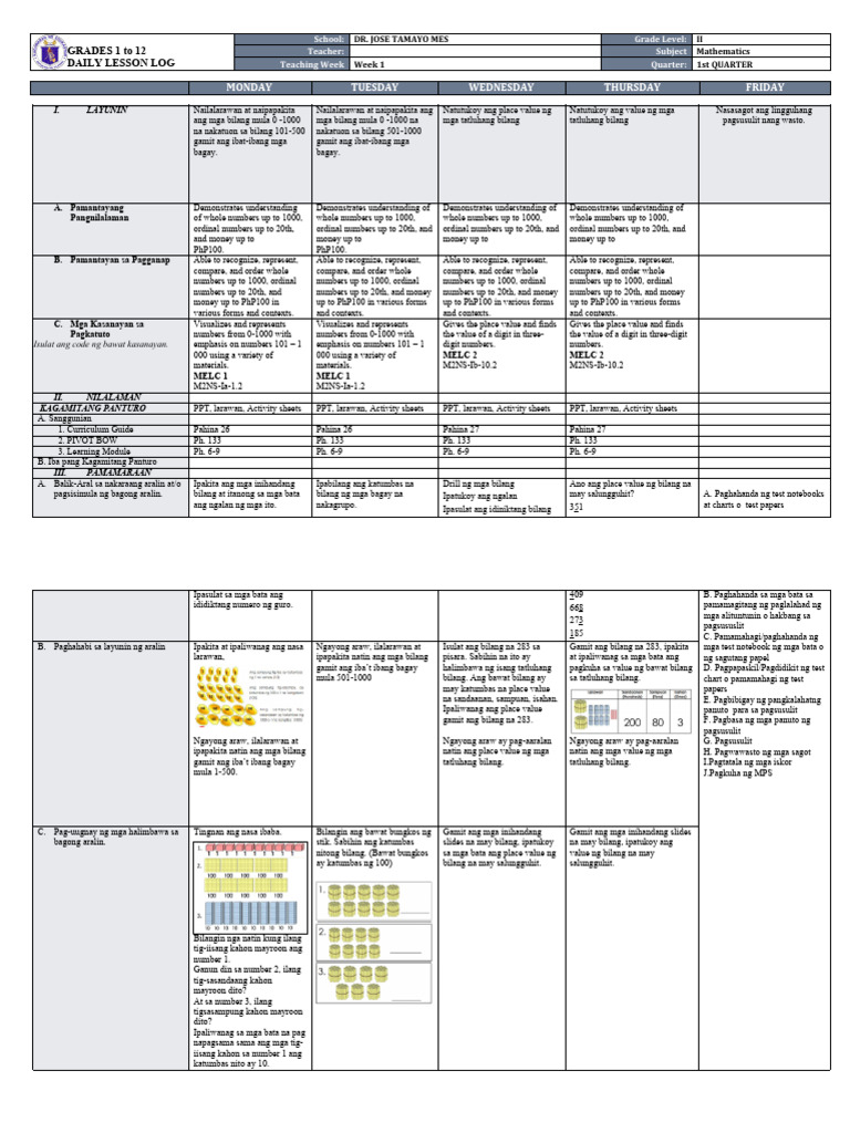 Grade 2 DLL in Math Week 1 Quarter PDF