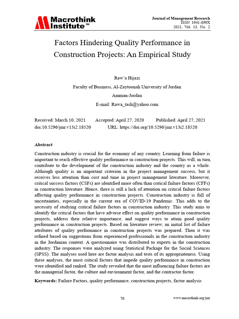 Factors Hindering Quality Performance in Construct | PDF