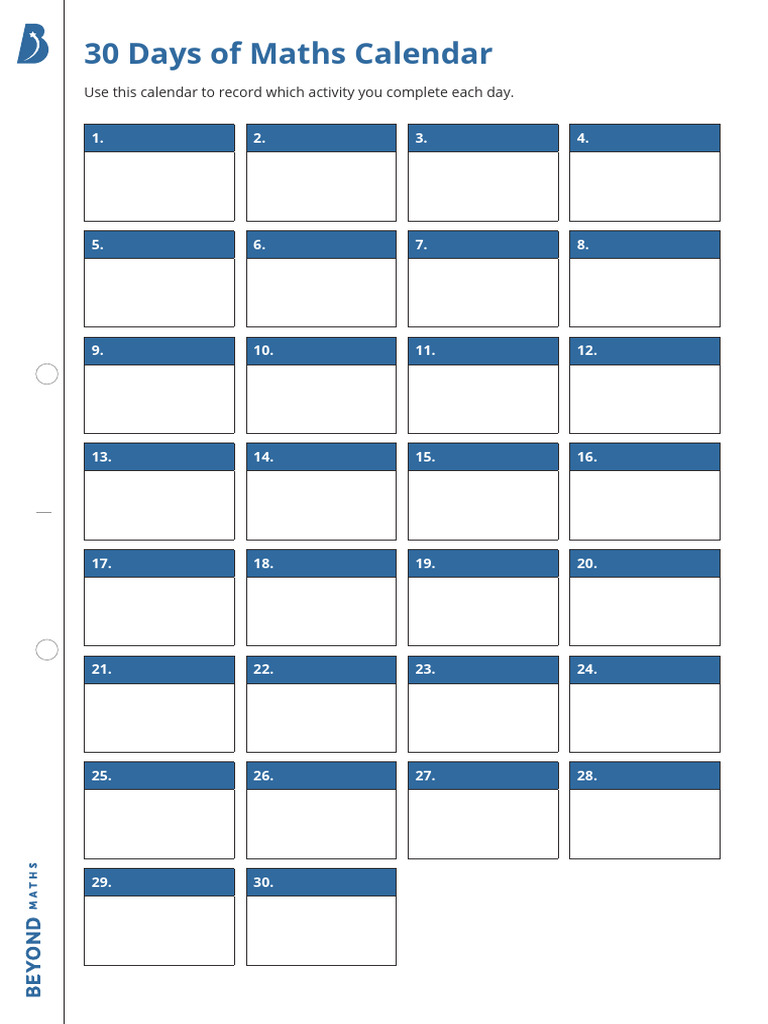 30-Day Maths Activity Calendar | PDF