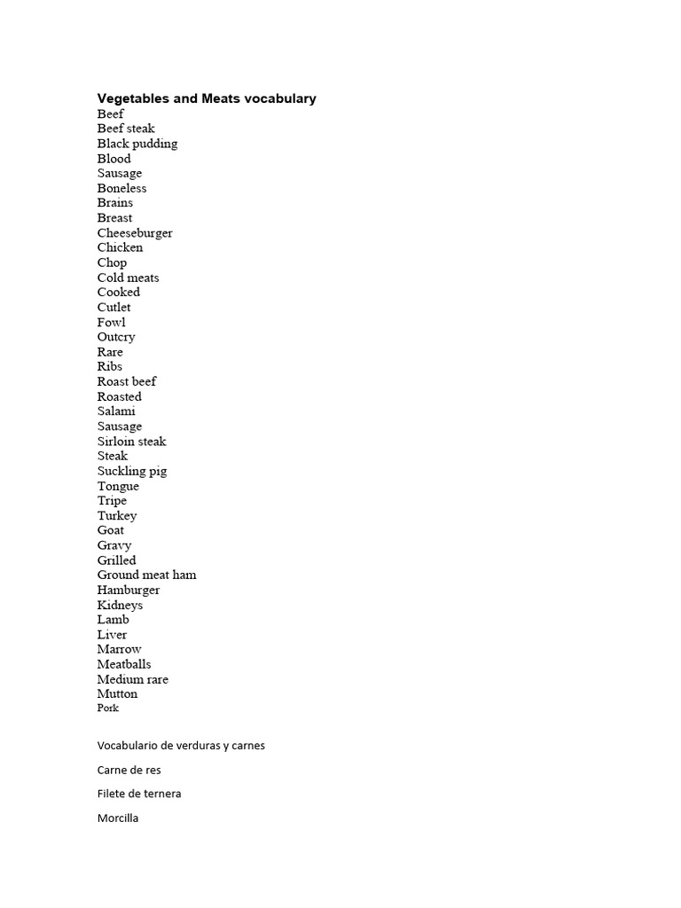 Vegetables and Meats Vocabulary PDF