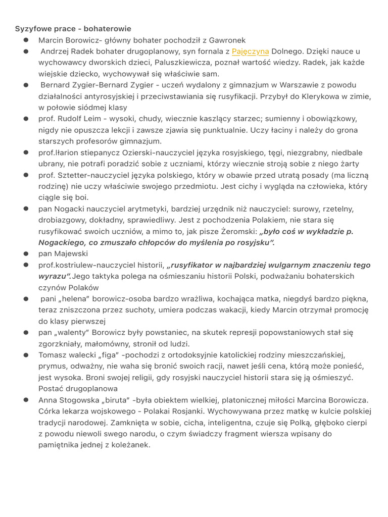 Syzyfowe Prace Bohaterowie | PDF